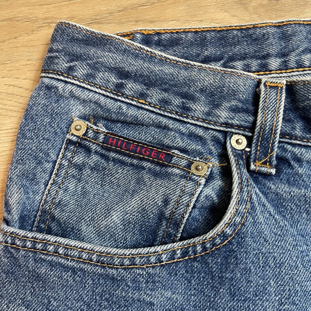 Vintage 90s Tommy Hilfiger Big Flag Patch Jeans Mens 36x34 Straight Leg Blue Den - Picture 4 of 11
